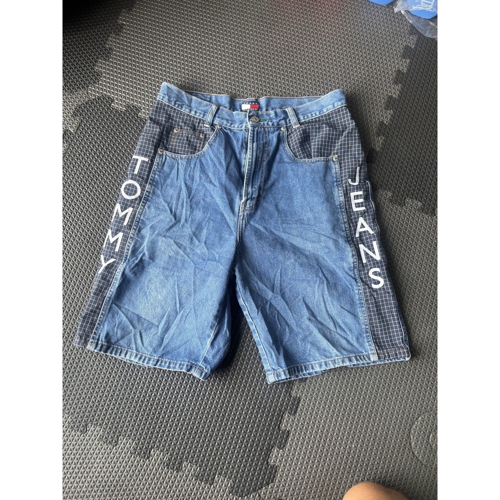 Vintage 90s Tommy Jeans Men's Denim Shorts Relaxed Fit Blue Grid Logo Size 28